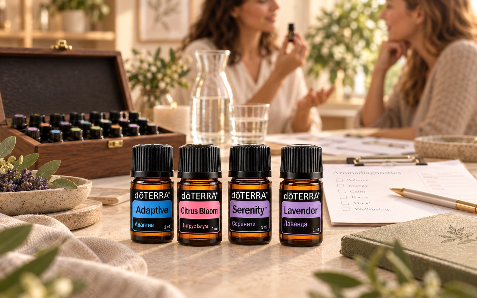Флаконы эфирных масел doTERRA Adaptive, Citrus Bloom, Serenity и Lavender на столе для сеанса аромадиагностики